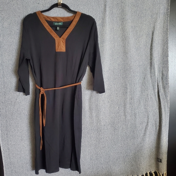 LAUREN Rallph Lauren - 2X - Mid-Length Black Dress + Faux Seude Trim/Belt - EUC - Picture 1 of 6
